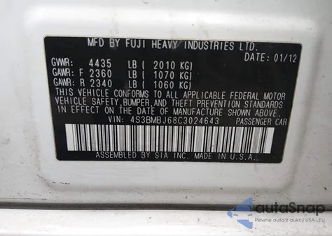 2012 Subaru Legacy 2.5I Limited z USA, uszkodzony, nr VIN 4S3BMBJ68C3024643